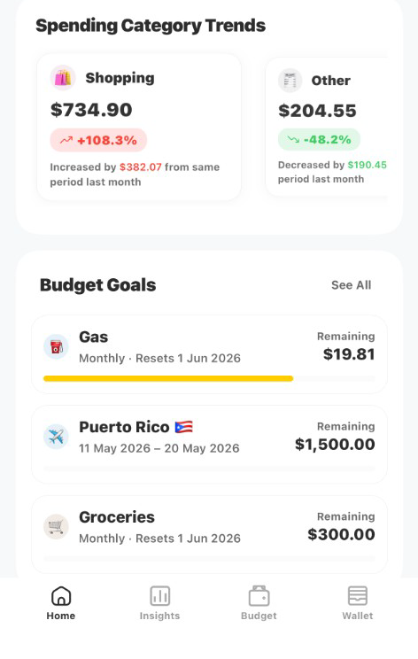 CozyFunds home screen showing budget progress, spending categories, and account cards.